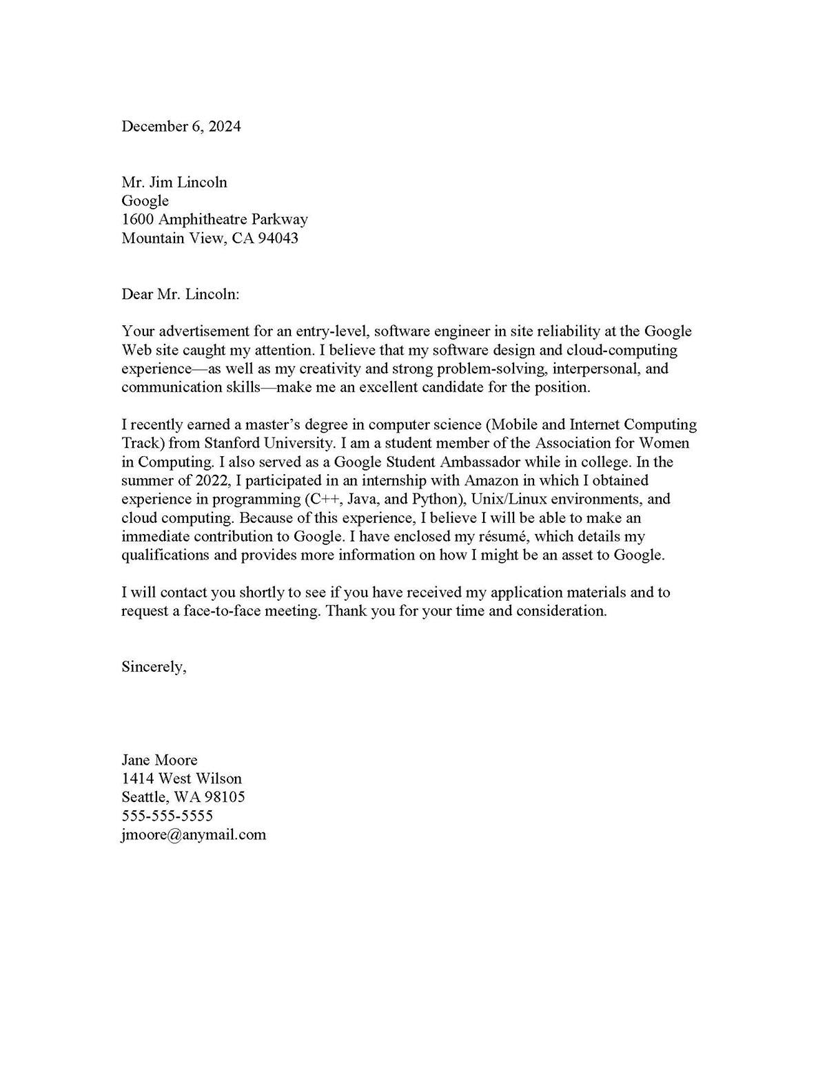 Sample cover letter: Computer Software, Entry Level, Response to Ad