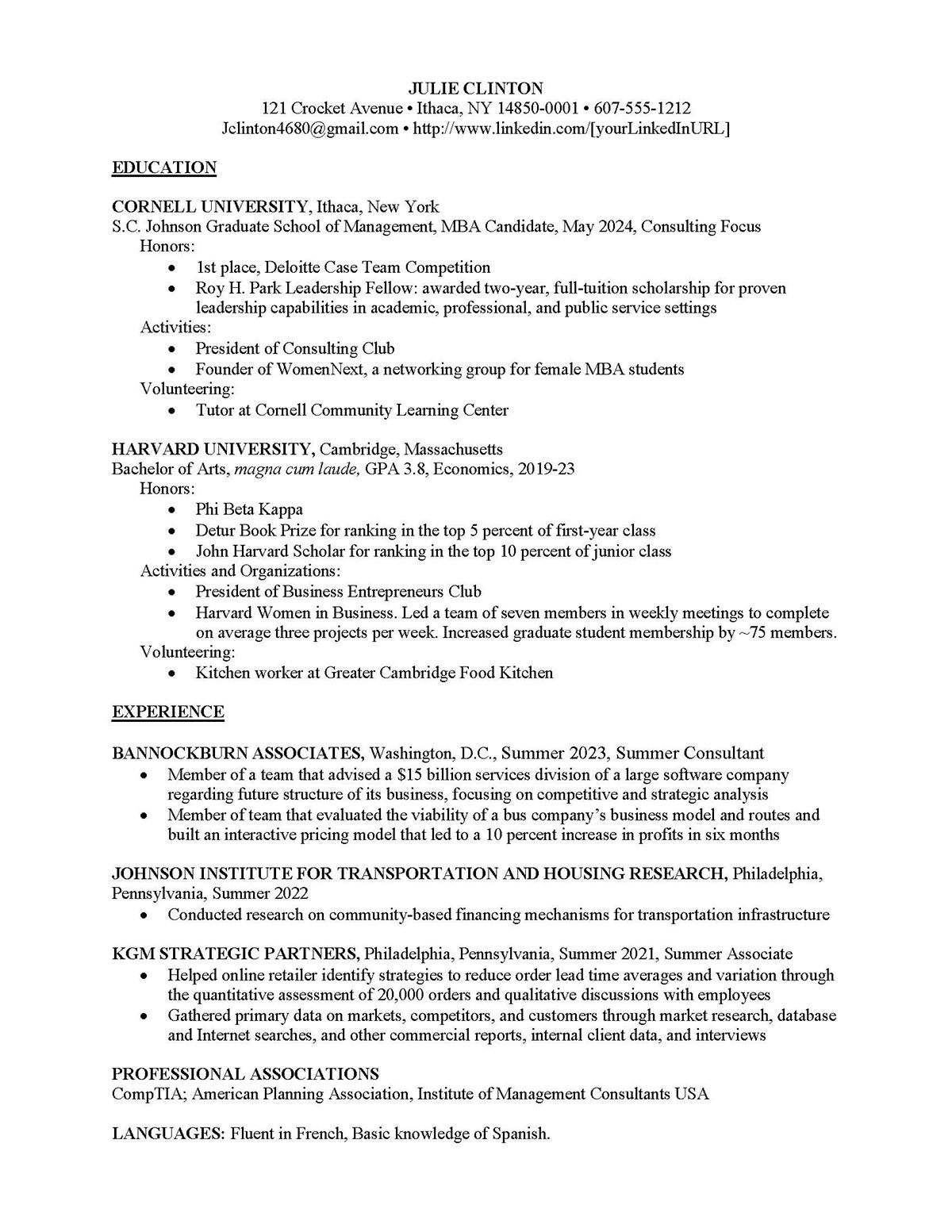 Sample resume: Consulting, Entry Level, Combination