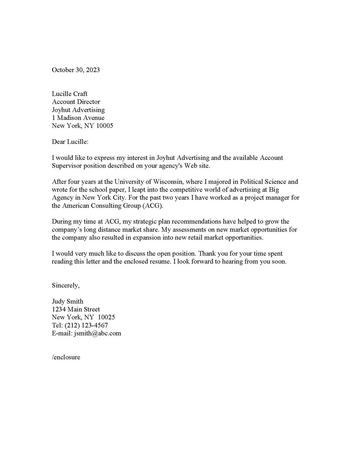 Sample cover letter: Advertising, Entry Level, Response to Ad